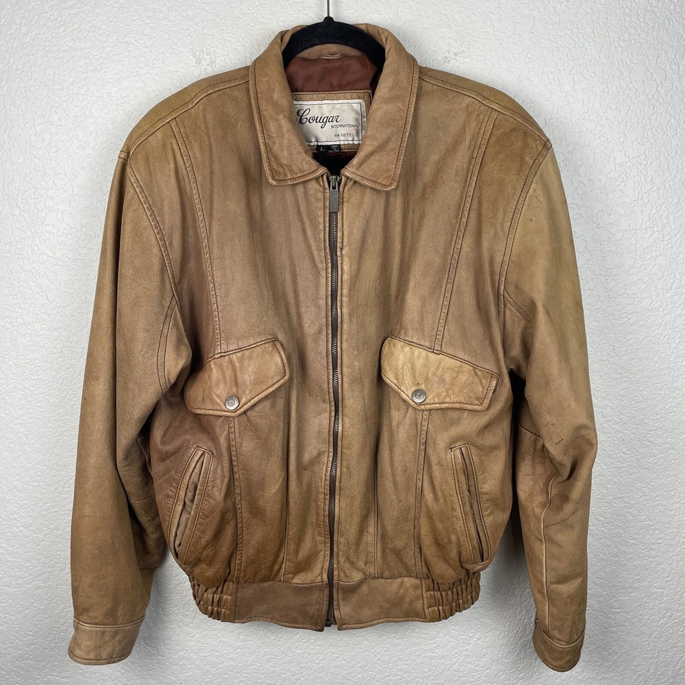 Vintage Cougar International Leather Jacket Mens Large Tan Full Zip Bomber Pilot